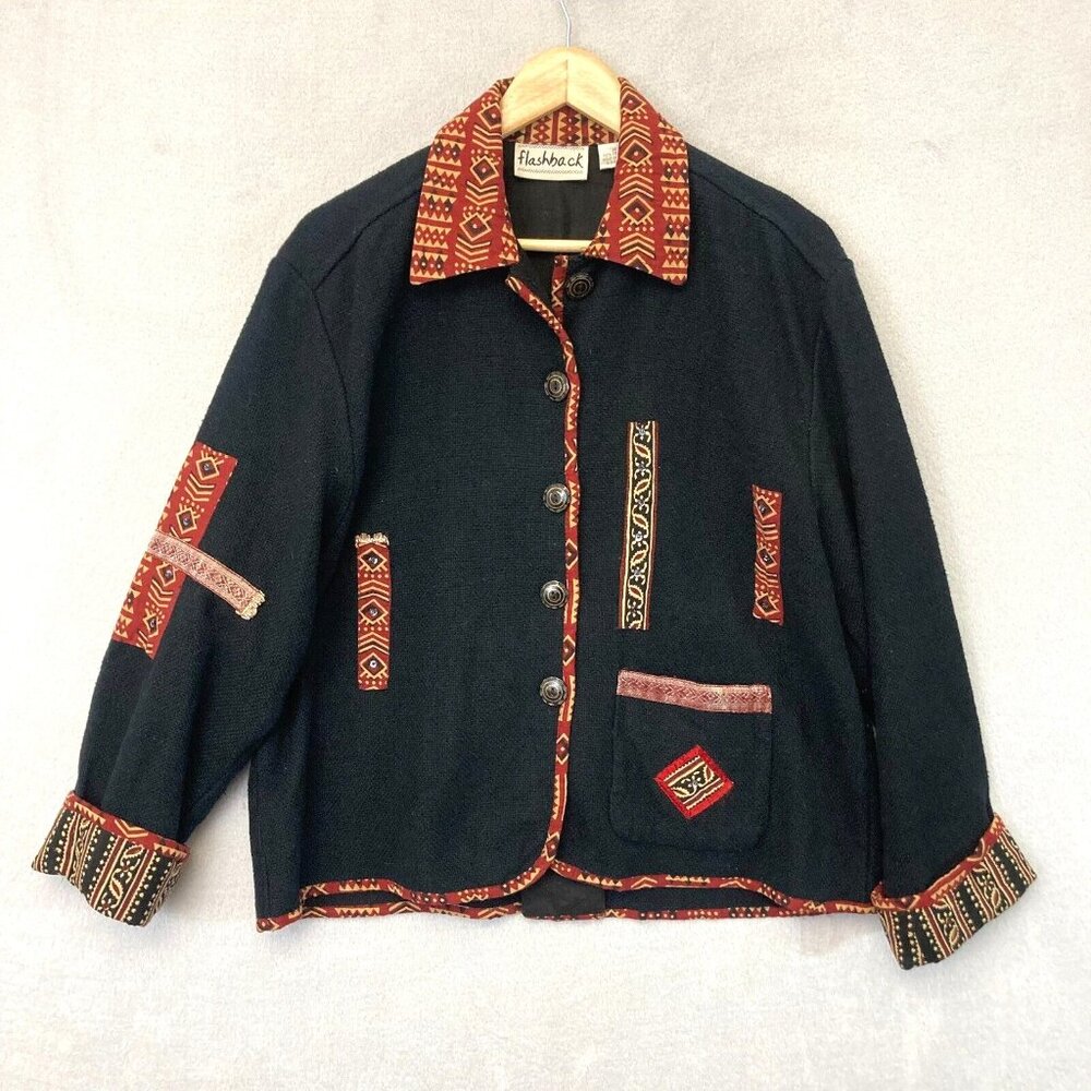 Flashback Black Utility Jacket with Red Tribal Trim